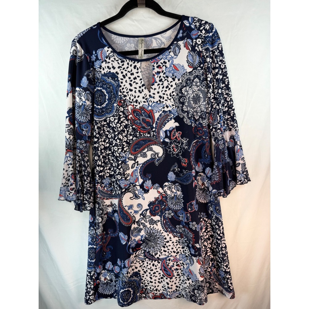 PerSeption Concept Womens Navy Paisley Floral Bell Sleeve Shift Dress Small